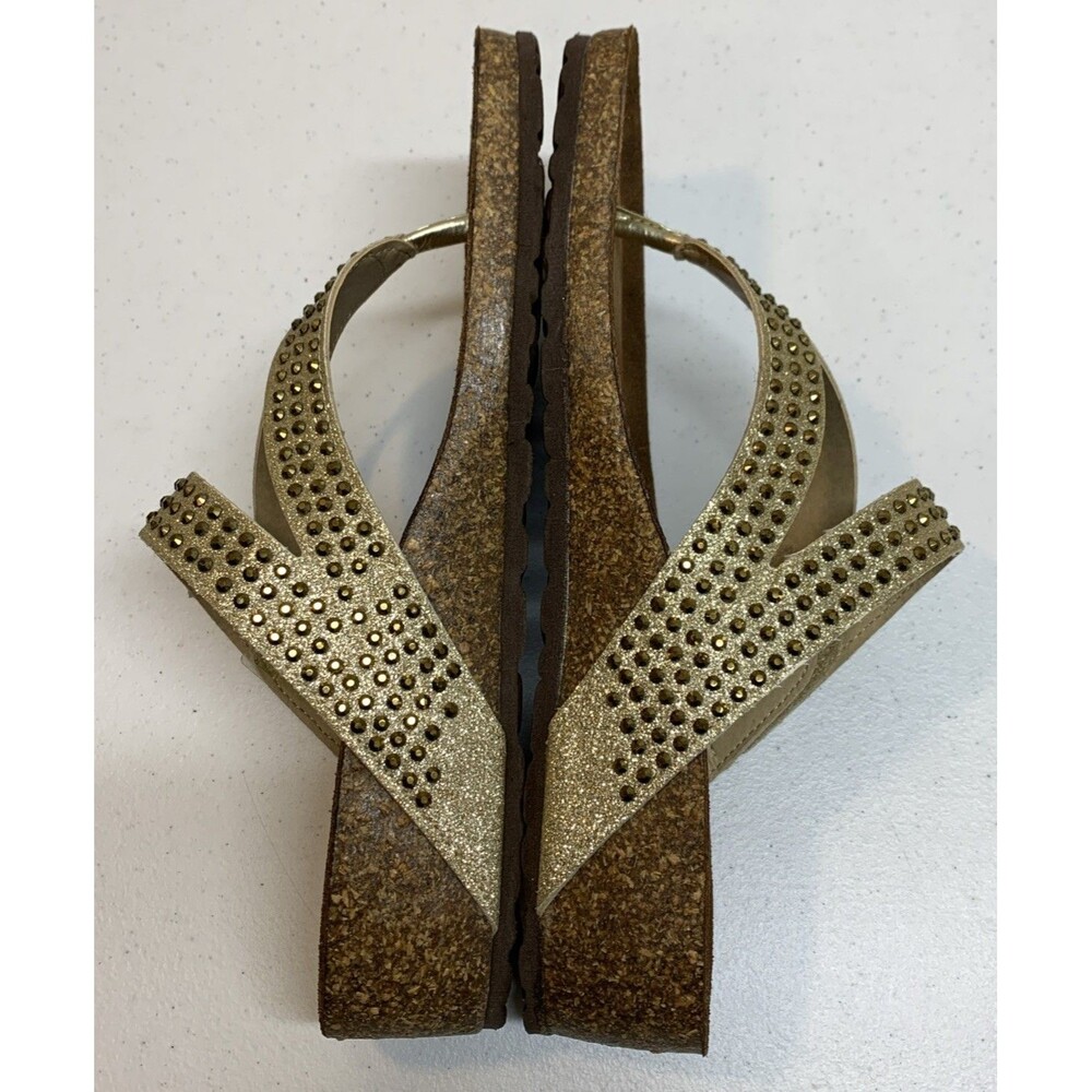 Bio-Gold Italian Wedge Sandals Womens 9 Gold Strappy Rhinestones Glitter Slip On - Picture 3 of 9